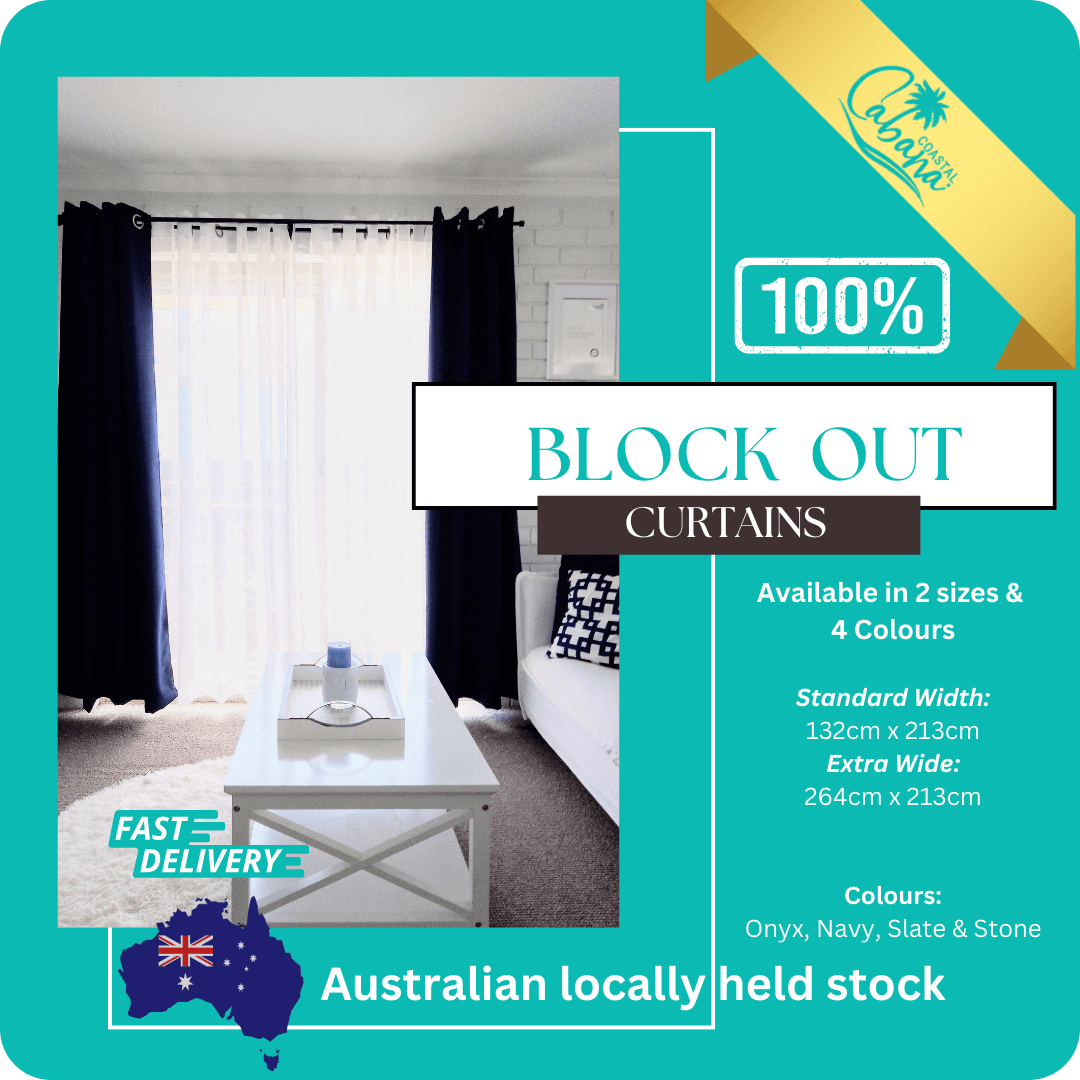 Coastal Cabana Australia 2x Blackout Curtains Eyelet, Pair, 100% Blockout, Bedroom