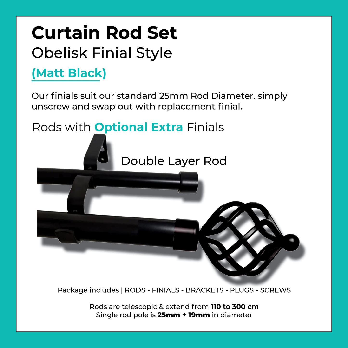 Curtain Rod Set Extendable Double Rod to 3.0M - Black
