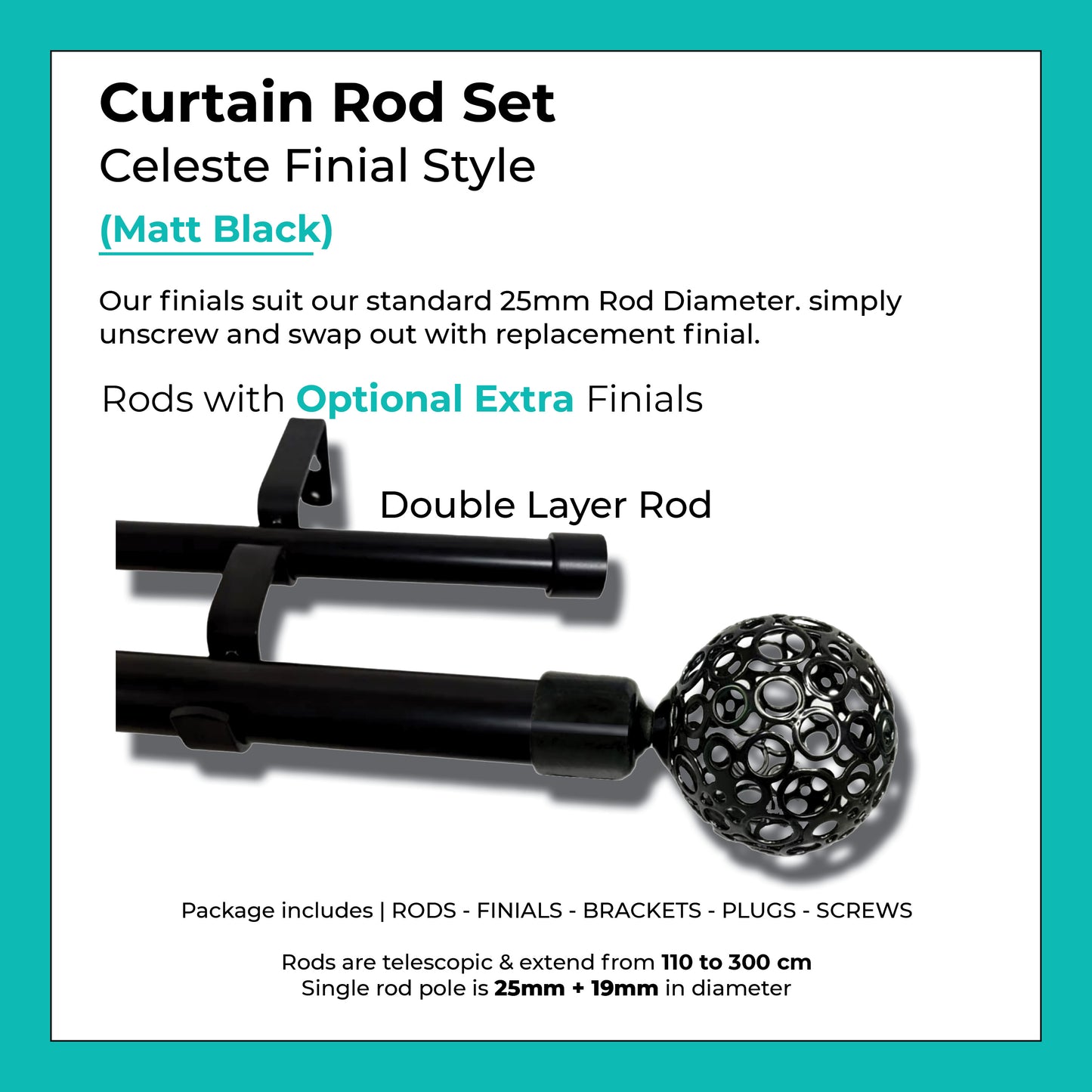 Curtain Rod Set Extendable Double Rod 1.1 to 3.0M Black