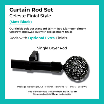 Curtain Rod Set Extendable Double Rod 1.1 to 3.0M Black