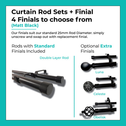 Curtain Rod Set Extendable Double Rod 1.1 to 3.0M Black