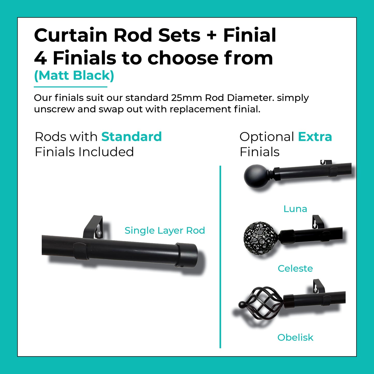 Curtain Rod Set Extendable Single Rod to 3.0M - Black