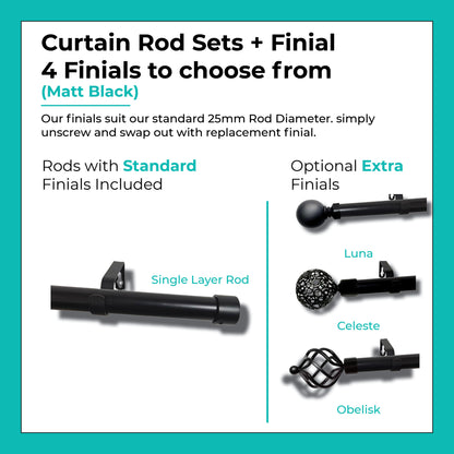 Curtain Rod Set Extendable Single Rod to 3.0M - Black