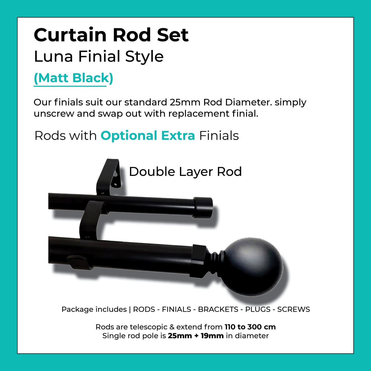 Curtain Rod Set Extendable Double Rod 1.1 to 3.0M Black