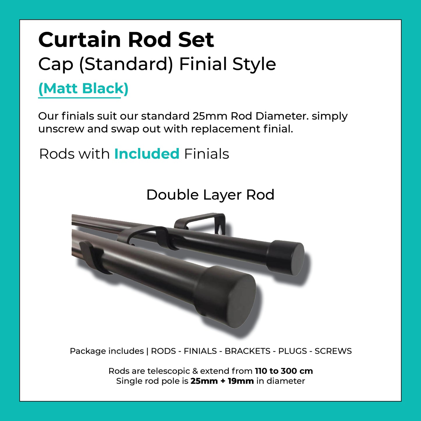 Curtain Rod Set Extendable Double Rod 1.1 to 3.0M Black
