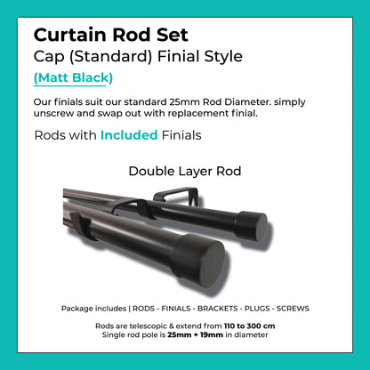 Curtain Rod Set Extendable Double Rod 1.1 to 3.0M Black
