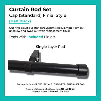 Curtain Rod Set Extendable Double Rod 1.1 to 3.0M Black